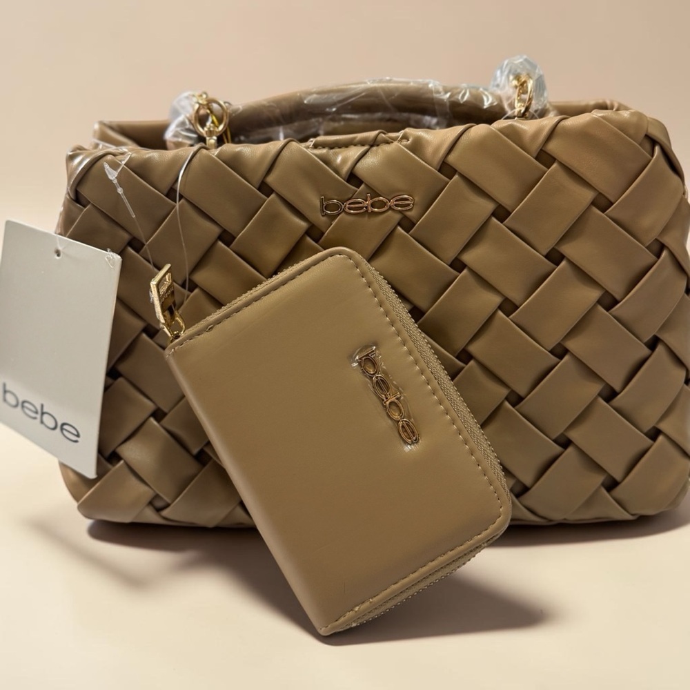 bebe Woven Shoulder Tote with Matching Zip Wallet in Taupe